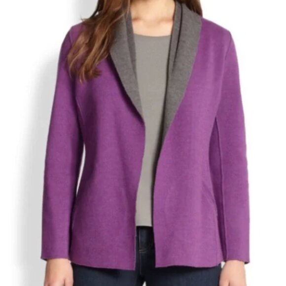 Eileen Fisher Shawl Collar Open Front Cardigan Sweater Merino Wool Purple Large - Picture 1 of 12